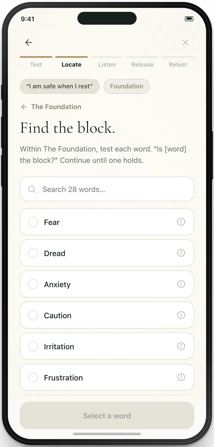 Heal app Find the block step with a list of words to test